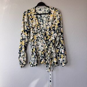 Yumi Kim Large Blue White Yellow Floral Long Sleeve Ruffle Bottom Wrap Top‎